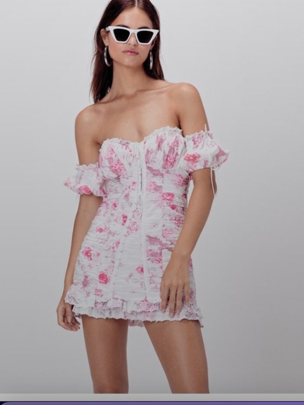 For Love & Lemons Mills Ruched Floral Mini Dress Coquette Milkmaid Corset sz L - Picture 3 of 14